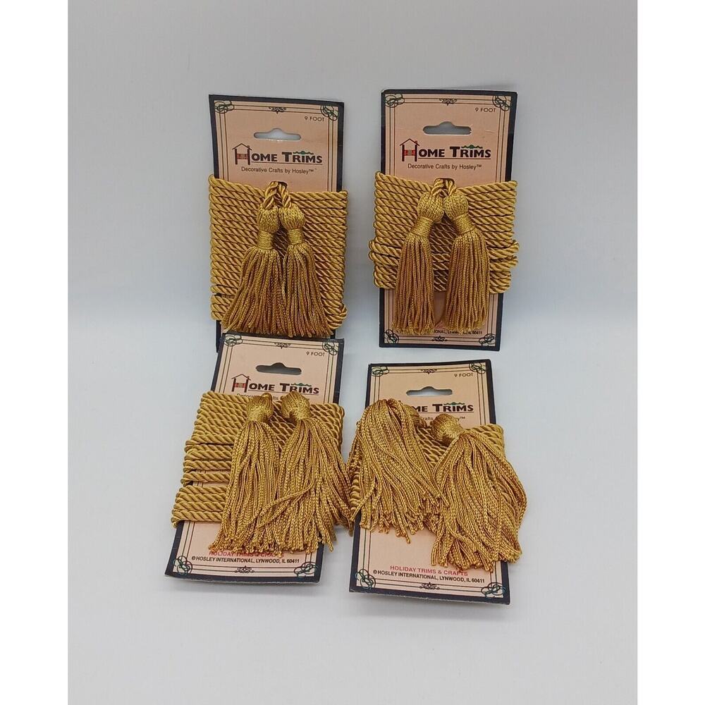 Set Lot of 4 Gold Colored Tassels 9 Foot Cord Home Trims Hosley Decorative Craft